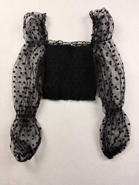 Black Sheer Polka Dot Puff Sleeve Smocked Crop Top | Size M | NWT